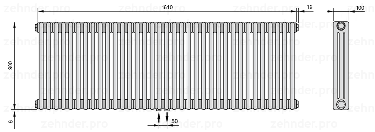 Схема (чертеж) Радиатор Zehnder Charleston 3090/35 №3470 Белый глянцевый RAL 9016